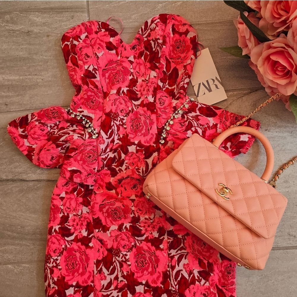 ZARA JACQUARD PINK AND RED FLORAL DRESS JEWEL - Picture 2 of 16
